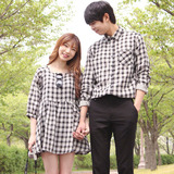 2015新款夏装韩版圆领七分袖格子衬衫 春装中长款 韩国情侣装衬衣
