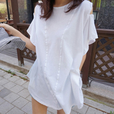 现货PKNN韩国代购女装2016夏季少女洋气宽松露肩荷叶袖中长款T恤