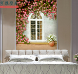 3D欧式简约窗户壁画 田园花卉墙纸 玄关走廊卧室背景墙壁纸地中海
