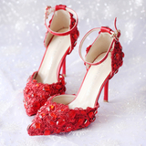 9厘米红色蕾丝水钻新娘鞋高跟细跟结婚鞋礼服鞋一字带尖头女凉鞋