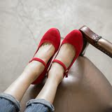 红色婚鞋定做大码40-43中跟单鞋女鞋磨砂真皮粗跟小码鞋3233包邮