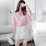 2016夏季时尚粉色喇叭袖雪纺衫衬衫包臀裙两件套装短裤裙韩国代购