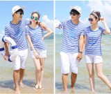 2016款情侣装夏季短袖条纹t恤海魂衫沙滩套装纯棉男女海边度假潮