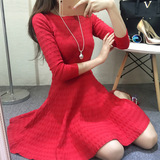 韩国代购2016春秋新款小香风毛衣裙子秋冬款红色针织打底裙连衣裙