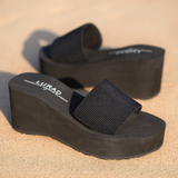 路拉迪简约高跟女士凉拖鞋 夏季防滑松糕坡跟厚底沙滩一字拖鞋潮