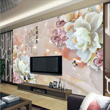中式玉雕浮雕牡丹3D立体墙纸电视背景墙卧室客厅壁画墙纸无缝壁纸