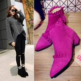 韩版真皮紫色马丁靴女单靴 尖头中跟粗跟花朵边女靴短靴33 40码