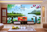 电视背景墙壁纸3D立体大型壁画田园山水风景4D无缝影视墙布绿色