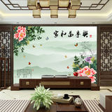 大型牡丹花山水壁画中式客厅电视背景墙纸装饰画简约卧室沙发壁纸