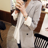 韩国春秋装新款棉麻灰白双排扣小西装潮 修身中长款女式西服外套