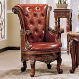 美式实木雕花沙发椅 休闲椅 欧式真皮休闲椅 实木家具 真皮休闲椅