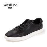 Westlink/西遇2016夏季新款 头层牛皮圆头系带滑板鞋休闲低跟男鞋
