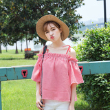 2016夏装韩版可爱甜美露肩一字领格子吊带上衣女宽松套头短袖衬衣