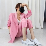 2016春装小西装女韩版中长款粉色双排扣大翻领修身气质外套潮套装