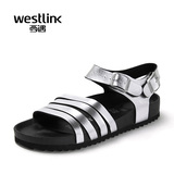 Westlink西遇女鞋2016新款凉鞋女夏一字休闲银色夏季平底女罗马