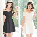 韩国代购夏季女装露肩吊带裙修身显瘦收腰小黑裙气质一字领连衣裙
