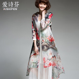 中式夏季真丝风衣外套女 披风裙摆前短后长款欧根纱印花盘扣披衫