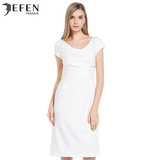 JEFEN/吉芬2016春夏新款白色连衣裙短袖女性修身立体压褶连身裙