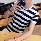 夏季男士条纹短袖T恤韩版圆领半袖上衣服青少年修身潮体恤海魂衫