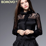 Bomovo2016秋季清仓欧美立领系带领衬衫蕾丝拼接收腰衬衫上衣女装