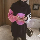 韩国冬季字母拼色女毛衣针织开衫加厚套头高领单件中长款三色