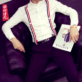 港风秋季男士长袖衬衫韩版修身型背带装饰青少年衬衣潮男寸衫薄款