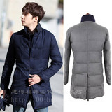 韩国代购2015年冬天新款男士薄款中长款羽绒服纯色修身保暖外套潮
