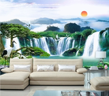 中式山水风景客厅沙发电视背景墙壁纸墙纸墙画大型壁画流水生财