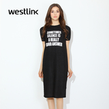 Westlink/西遇2016春季新款 字母亮丝直筒短袖T恤裙中长款连衣裙