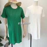 夏季新款韩版铆钉开叉中长款针织衫套头毛衣薄款短袖上衣女装K600