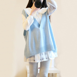 2016韩版春秋新款大码假两件毛衣马甲女装娃娃领甜美针织短款套装