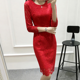 2016年夏装新款韩版纯色包臀蕾丝修身中长款显瘦大红色蕾丝连衣裙