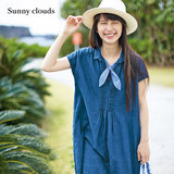 夏季新品 Sunny clouds 女式麻棉连肩袖风琴褶牛仔连衣裙