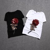 欧洲站2016夏季新款T恤 欧货亮片立体玫瑰花朵纯棉短袖上衣女潮