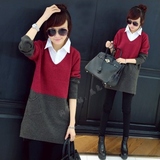 韩版女学生衬衫衬衣领中长款宽松拼接假两件套头毛衣针织衫学院风