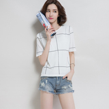 2016夏装新款韩版宽松显瘦短袖格子圆领T恤短款冰丝针织衫体恤女