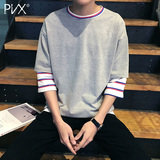 T恤男七分袖圆领短袖印花中袖半袖夏季韩版青少年假两件潮男t桖衫