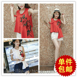 2016夏季新款女装韩版刺绣玫瑰花朵衬衣 不规则宽松无袖衬衫上衣