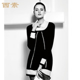 2015秋冬女士羊绒衫黑白拼接原创设计纯山羊绒连衣裙中长款打底裙