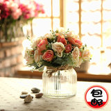 包邮！玻璃花瓶+小玫瑰 欧式仿真花套装 客厅装饰花假花 餐桌花艺