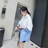 2016夏季新款韩国代购蓝白撞色拼接衬衫中长款上衣长袖宽松衬衣女
