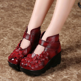 春夏中国民族风女靴复古花朵坡跟高跟短靴马丁靴真皮中年妈妈女鞋