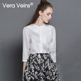 Vera Veins秋季新款中长款宽松文艺棉麻刺绣花七分袖白衬衫女衬衣