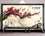 中式复古红梅仙鹤客厅电视背景墙玄关大型无缝壁画定制墙布墙纸