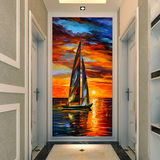 欧式3D立体玄关背景墙壁纸餐厅走廊过道墙面墙纸壁画夕阳油画帆船