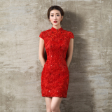 中式礼服2016新款红色结婚旗袍新娘敬酒服春夏季婚礼显瘦修身短款