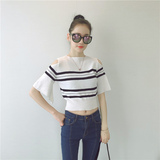 夏季新款韩版女装气质修身拼色条纹露肩短袖显瘦短款薄针织衫+P4