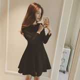 2016春季新款韩版小黑裙长袖大码打底裙圆领修身蓬蓬连衣裙