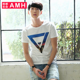 AMH韩都衣舍男装夏装新款T恤 韩版修身都市几何印花短袖男白色T恤