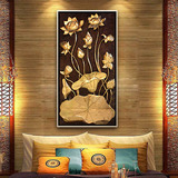 东南亚油画泰式风格装饰画玄关画竖版金箔画荷花壁画走廊客厅挂画